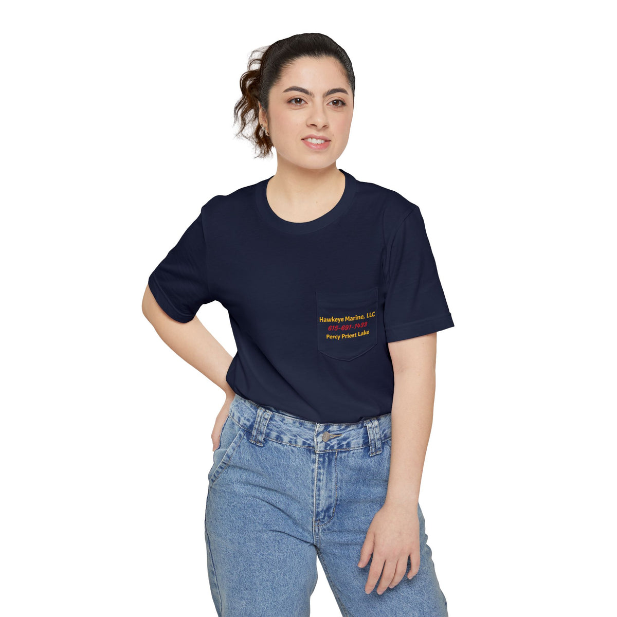 Hawkeye Marine Pocket T‑Shirt — Vintage Outboard Boat Graphic