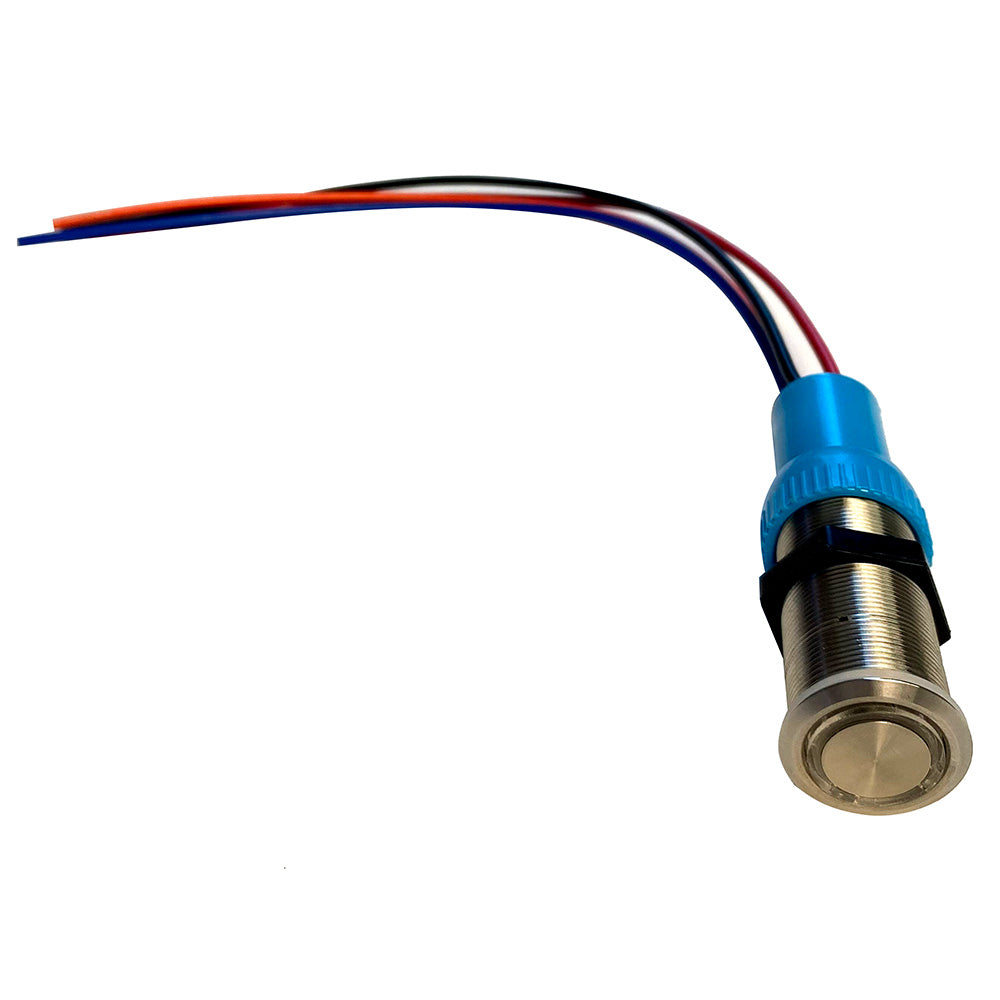 Interruptor de botón pulsador Bluewater de 19 mm - Apagado/(Encendido)/(Encendido) Contacto momentáneo doble - LED azul/verde/rojo - Cable de 1' [9057-2123-1]