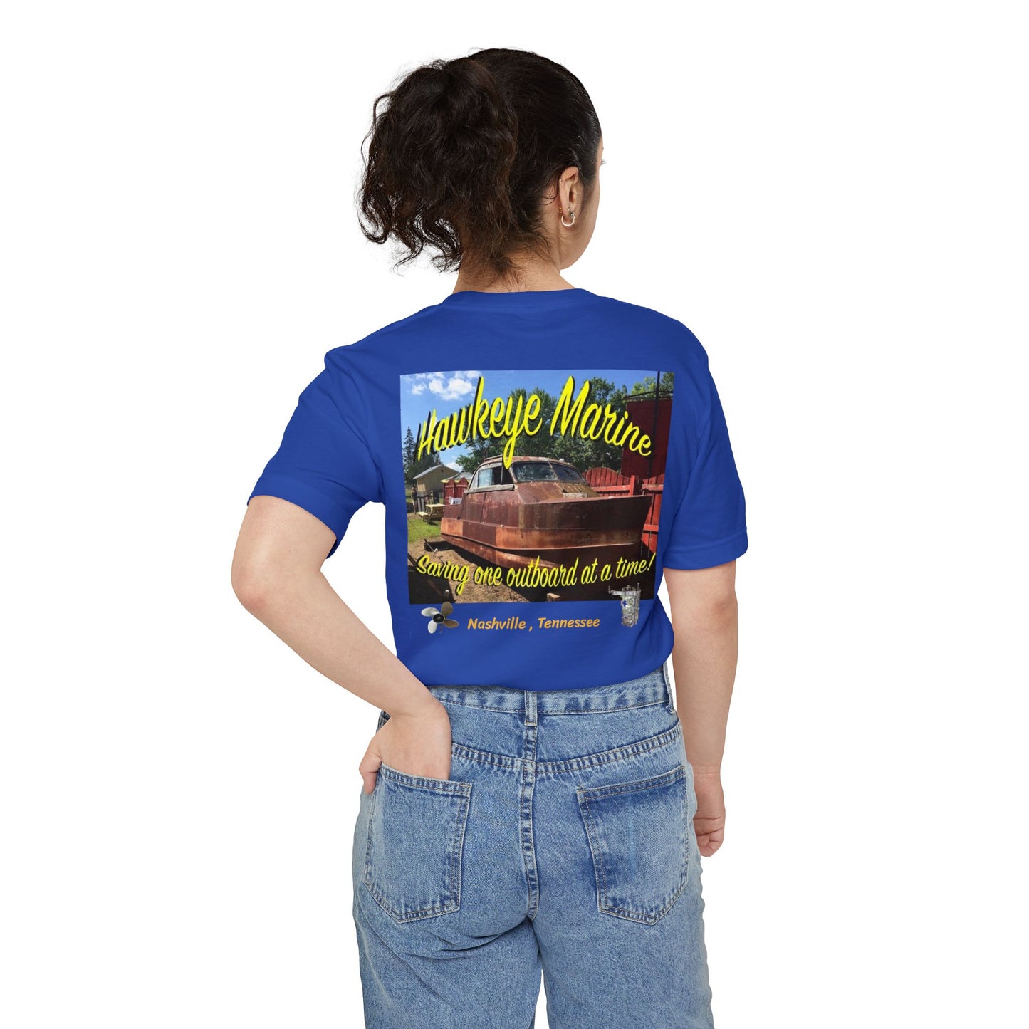 Hawkeye Marine Pocket T‑Shirt — Vintage Outboard Boat Graphic
