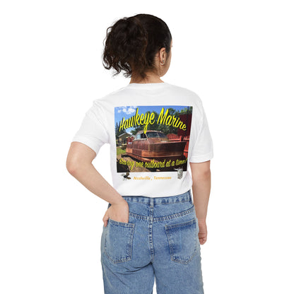 Hawkeye Marine Pocket T‑Shirt — Vintage Outboard Boat Graphic