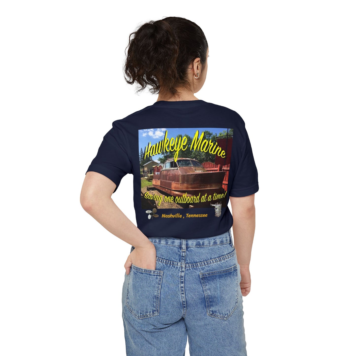 Hawkeye Marine Pocket T‑Shirt — Vintage Outboard Boat Graphic
