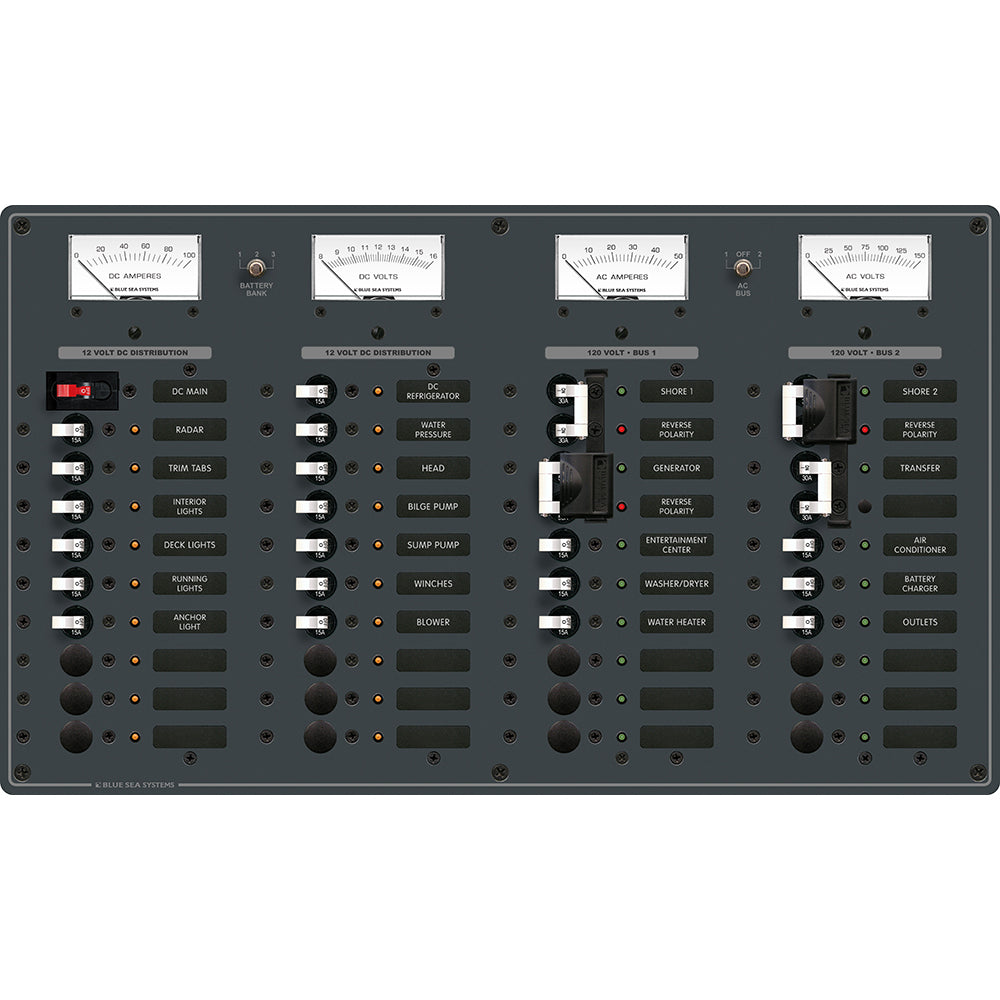 Blue Sea 8086 AC 3 fuentes +12 posiciones/DC principal +19 posiciones Panel de disyuntor de palanca - Interruptores blancos [8086]