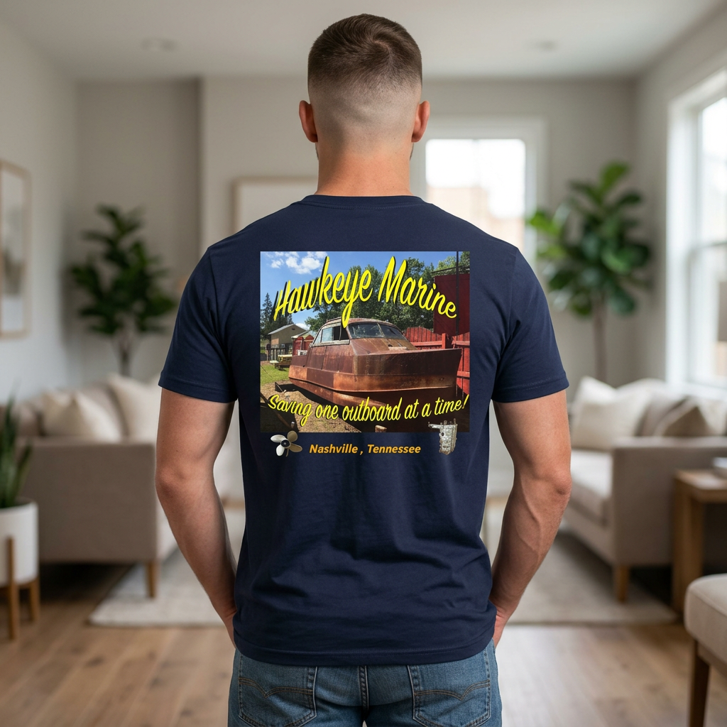 Hawkeye Marine Pocket T‑Shirt — Vintage Outboard Boat Graphic