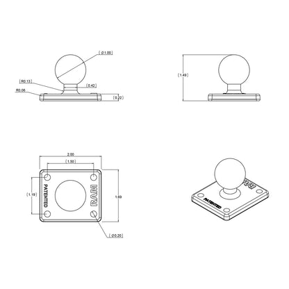 RAM Mount Square 2" x 1.7" Base w/1" Ball [RAM-B-347U]