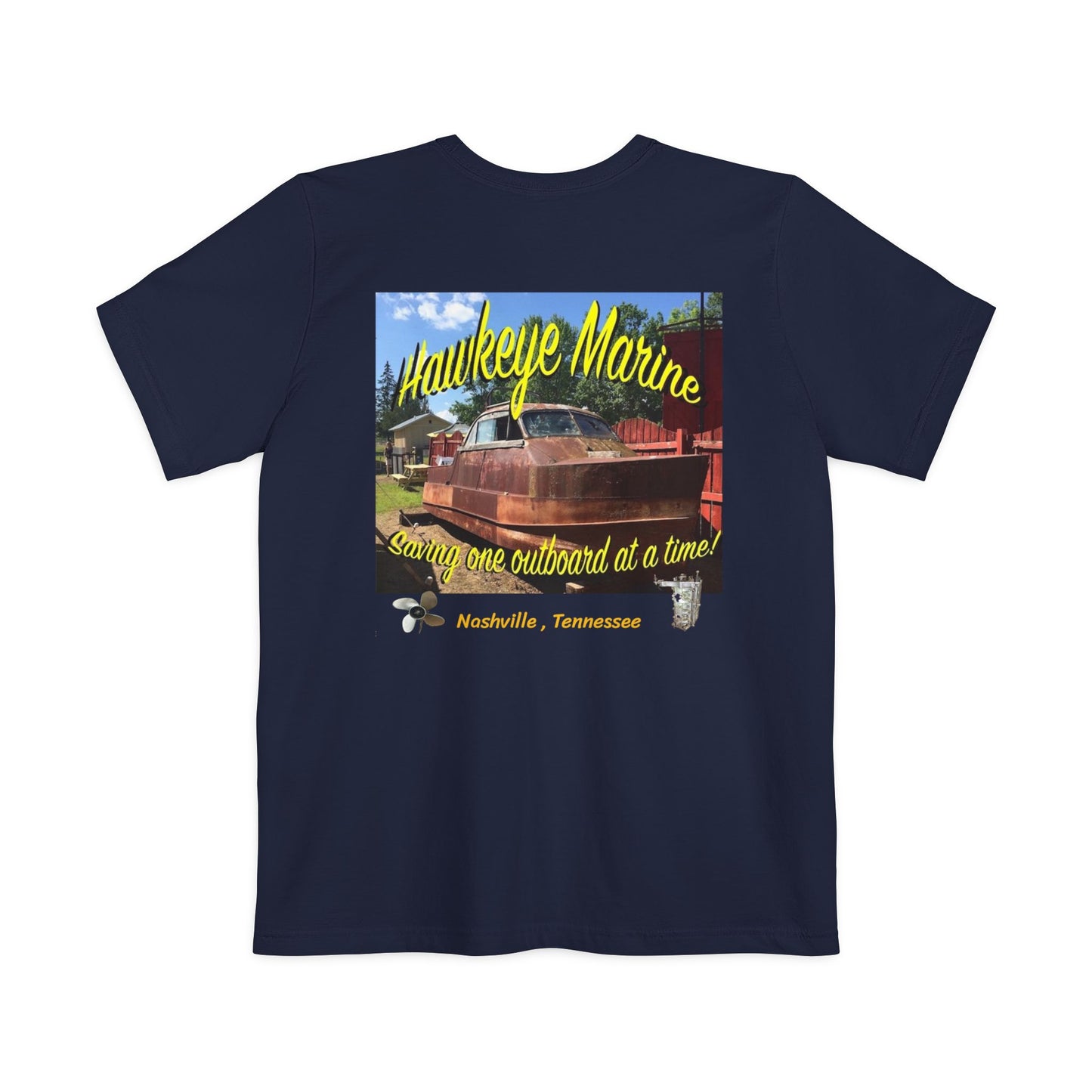 Hawkeye Marine Pocket T‑Shirt — Vintage Outboard Boat Graphic
