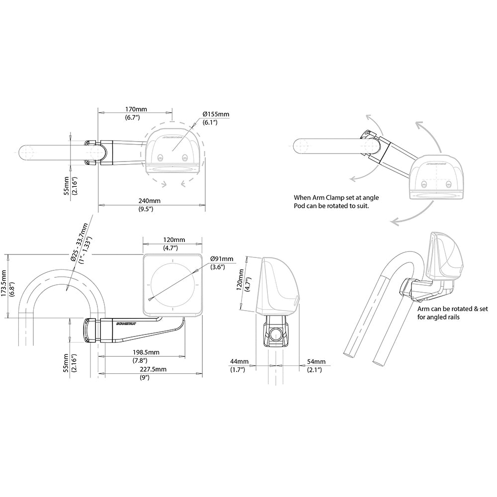 Scanstrut Scanpod Single Instrument Pod -Precortado- Montado en brazo - Se adapta a rieles de 1" - 1,3" [SPR-1I-AM]