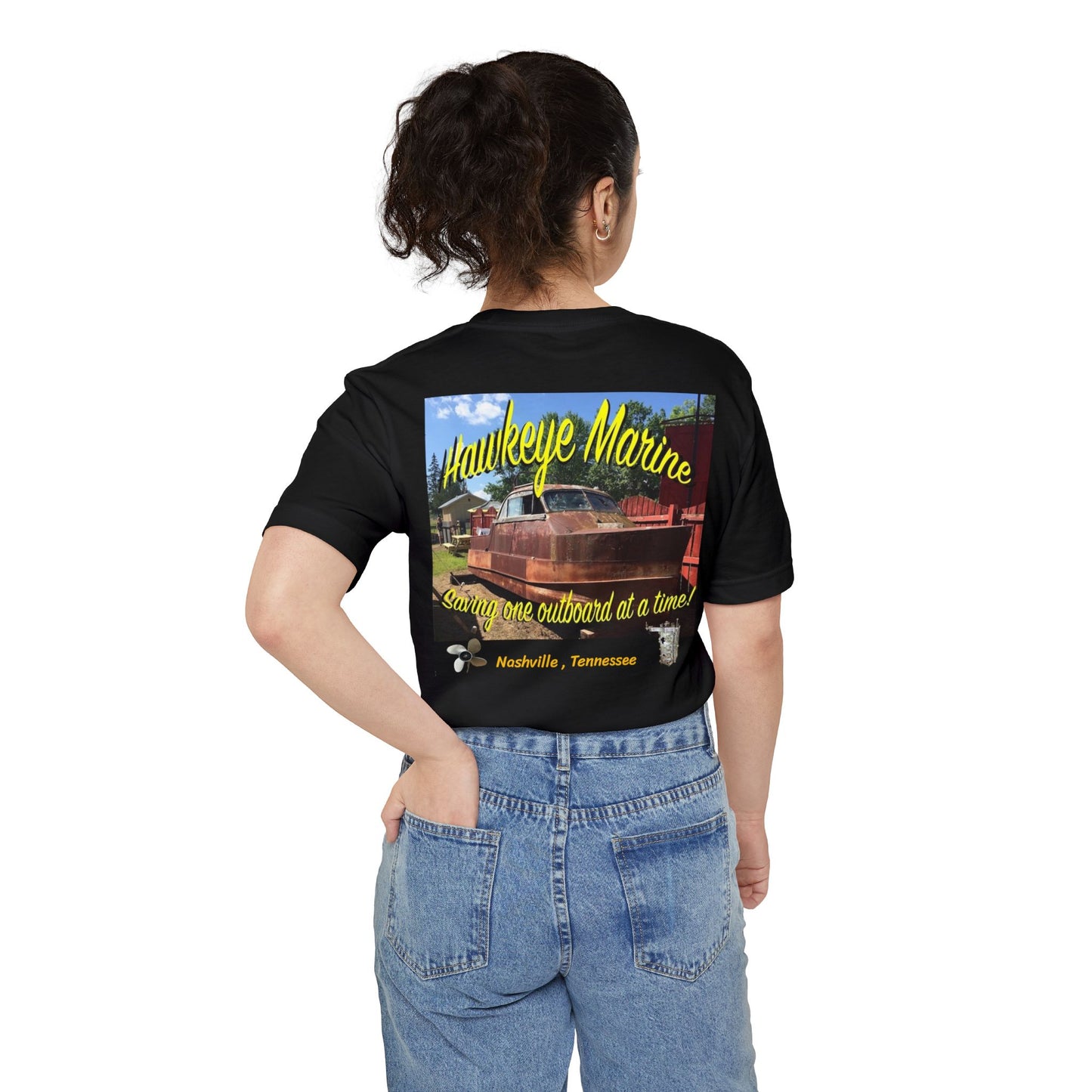 Hawkeye Marine Pocket T‑Shirt — Vintage Outboard Boat Graphic