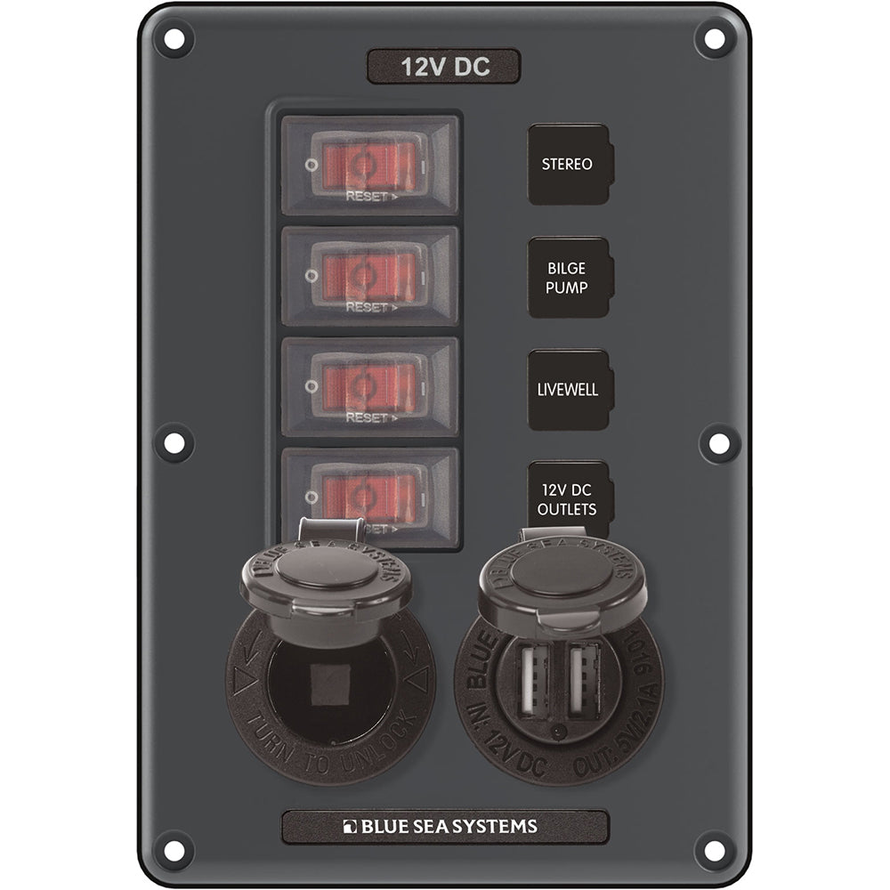 Panel de interruptores disyuntores Blue Sea 4321 de 4 posiciones - Gris con toma de 12 V USB dual [4321]