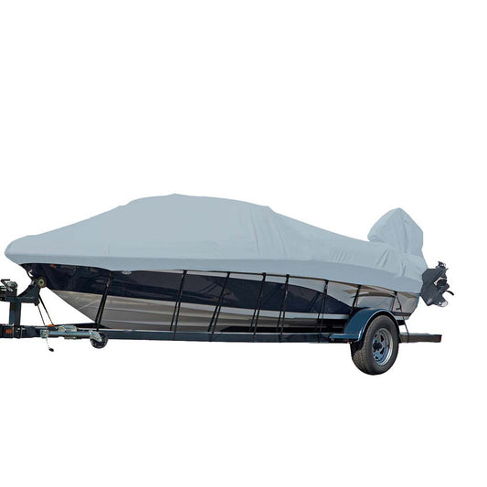 Carver Sun-DURA - Funda para barco diseñada para adaptarse a barcos Runabout con casco en V f/16,5 con rieles de mano/proa para parabrisas - Gris [77016S-11]