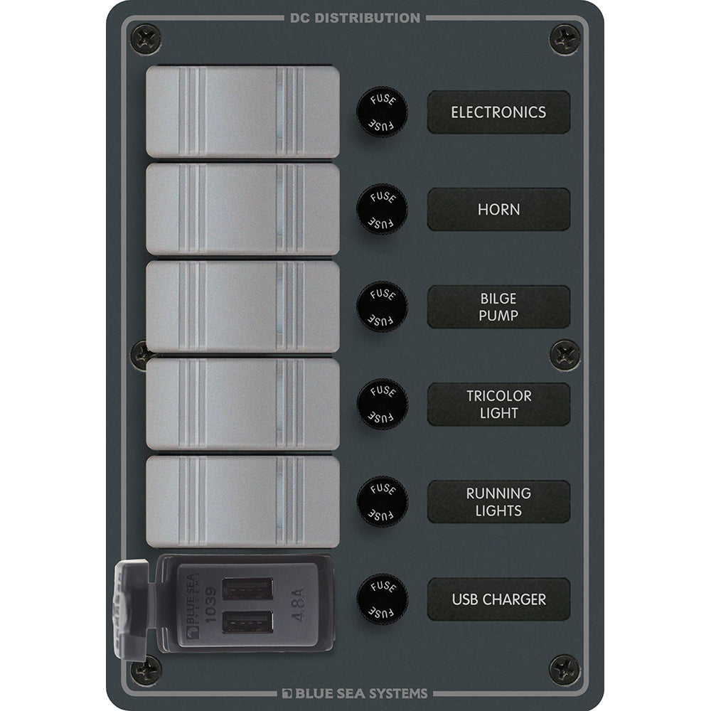 Blue Sea 8121 - Panel de interruptores Contura de 5 posiciones con cargadores USB duales - 12/24 V CC - Negro [8121]