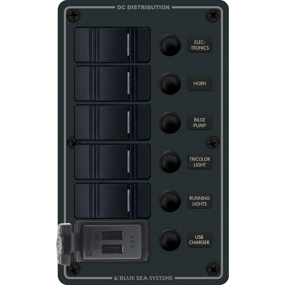 Blue Sea 8521 - Panel de interruptores Contura de 5 posiciones con cargadores USB duales - 12/24 V CC - Negro [8521]