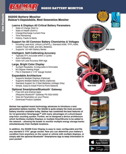 Balmar SG-230 Battery Monitor System 12V-48 Volt Kit, Smarthunt, 2" Color Display, NEMA2000 capable , Bluetooth use with iPhone or Android